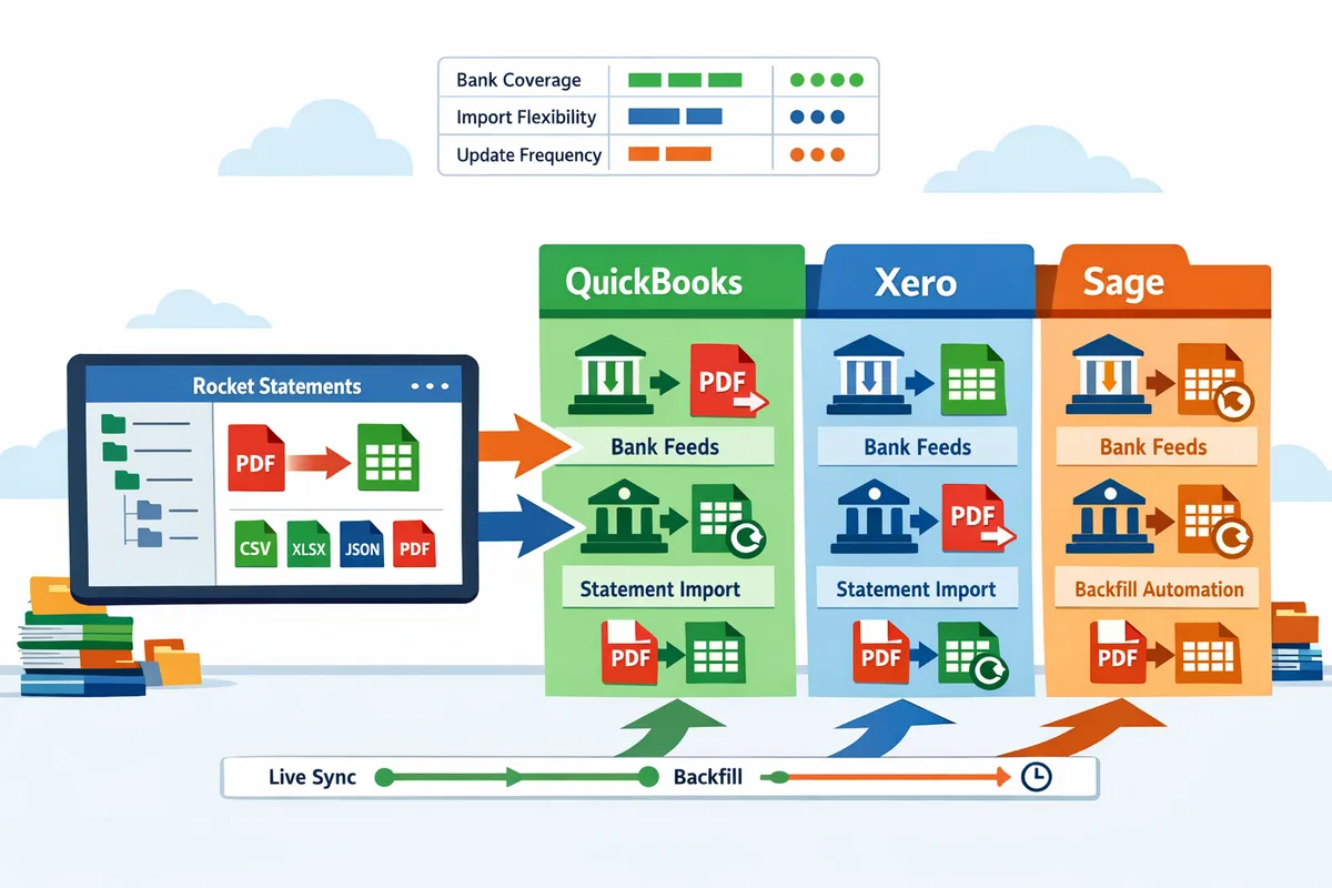 QuickBooks vs Xero vs Sage (2026): Bank Feeds, Statement Imports, and Backfill Automation Compared