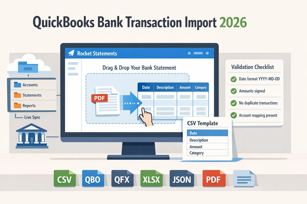 QuickBooks Bank Transaction Import 2026: CSV/QBO/QFX Specs, Desktop EOL Playbook, and No‑Code Automations with Rocket Statements
